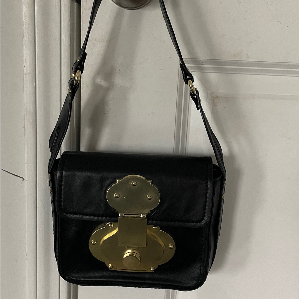 Cynthia Rowley Shoulder Bag Black Gold Tone Hardware Compact Size Flap Top